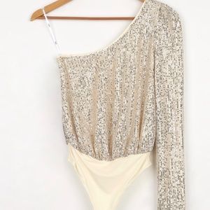 Lulus One Shoulder Cream and Silver Sequin Bodysuit size XS